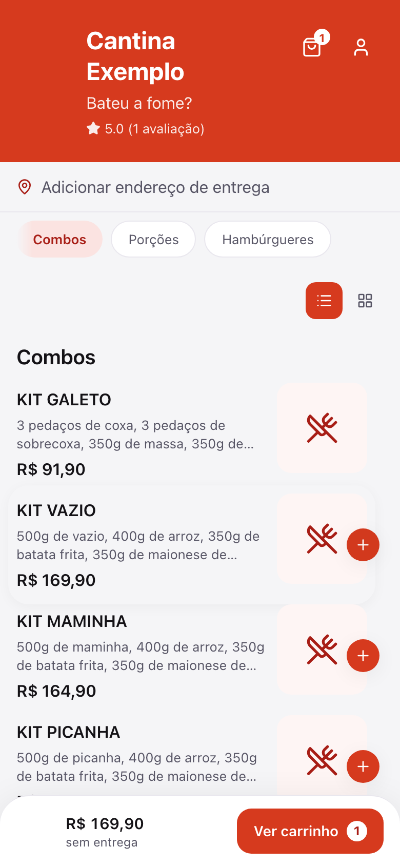 Cardápio no celular com a barra do carrinho: valor e botão Ver carrinho com a quantidade