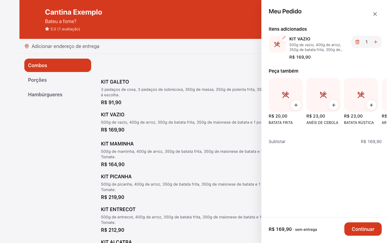 Cardápio no computador com o carrinho aberto numa gaveta lateral