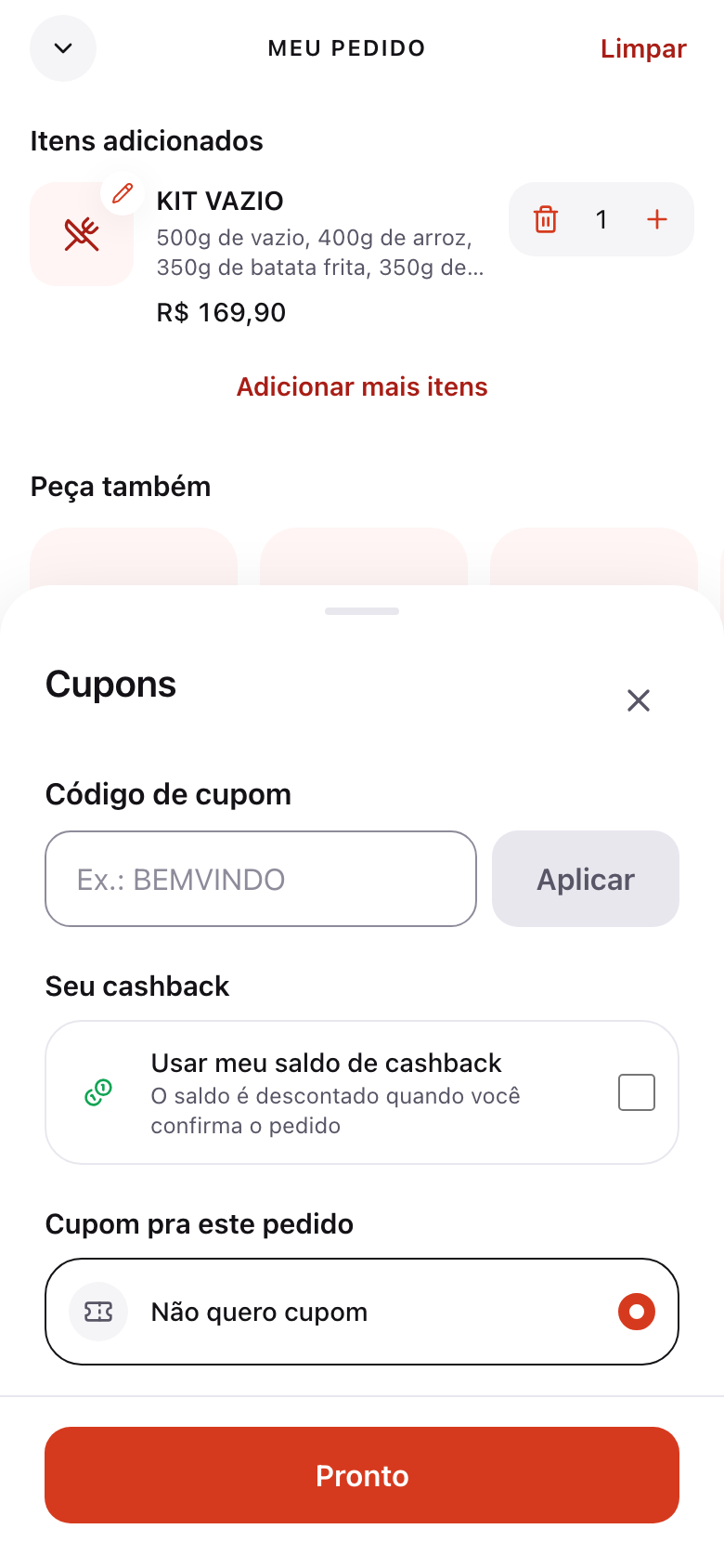 Janela de cupons com código de cupom, saldo de cashback e opção de não usar cupom