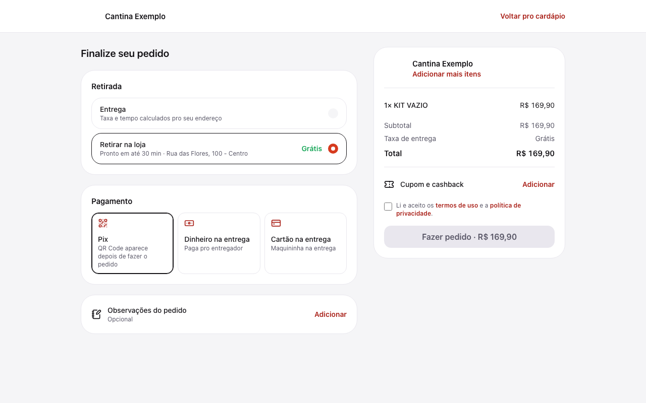 Checkout no computador em duas colunas: entrega e pagamento à esquerda, resumo à direita