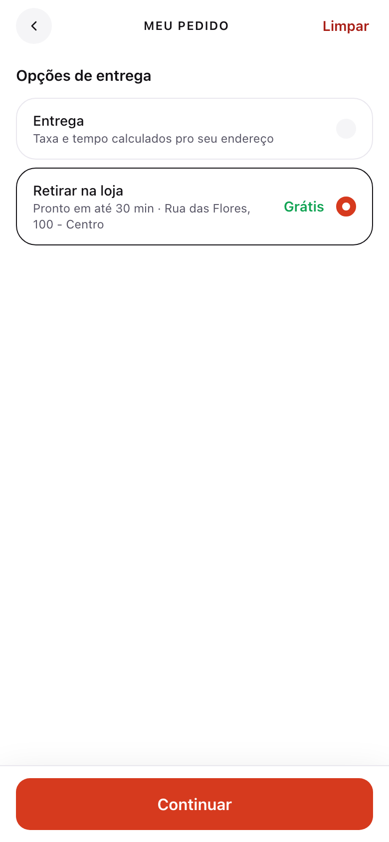 Etapa de entrega no celular: entregar no endereço ou retirar na loja