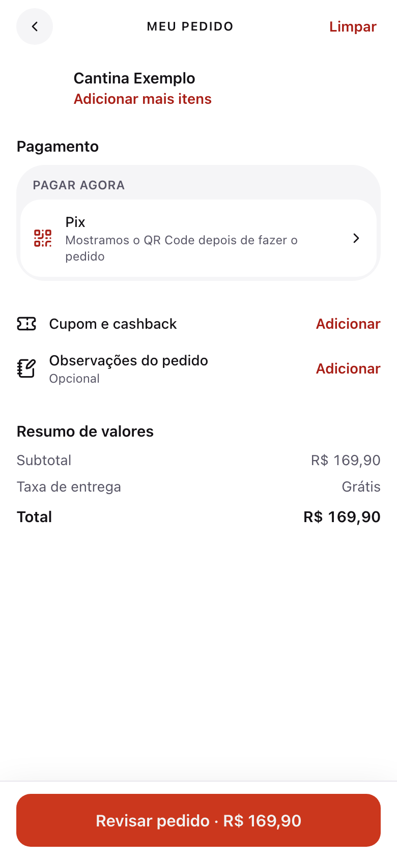 Etapa de pagamento no celular com forma de pagamento, cupom, observações e resumo