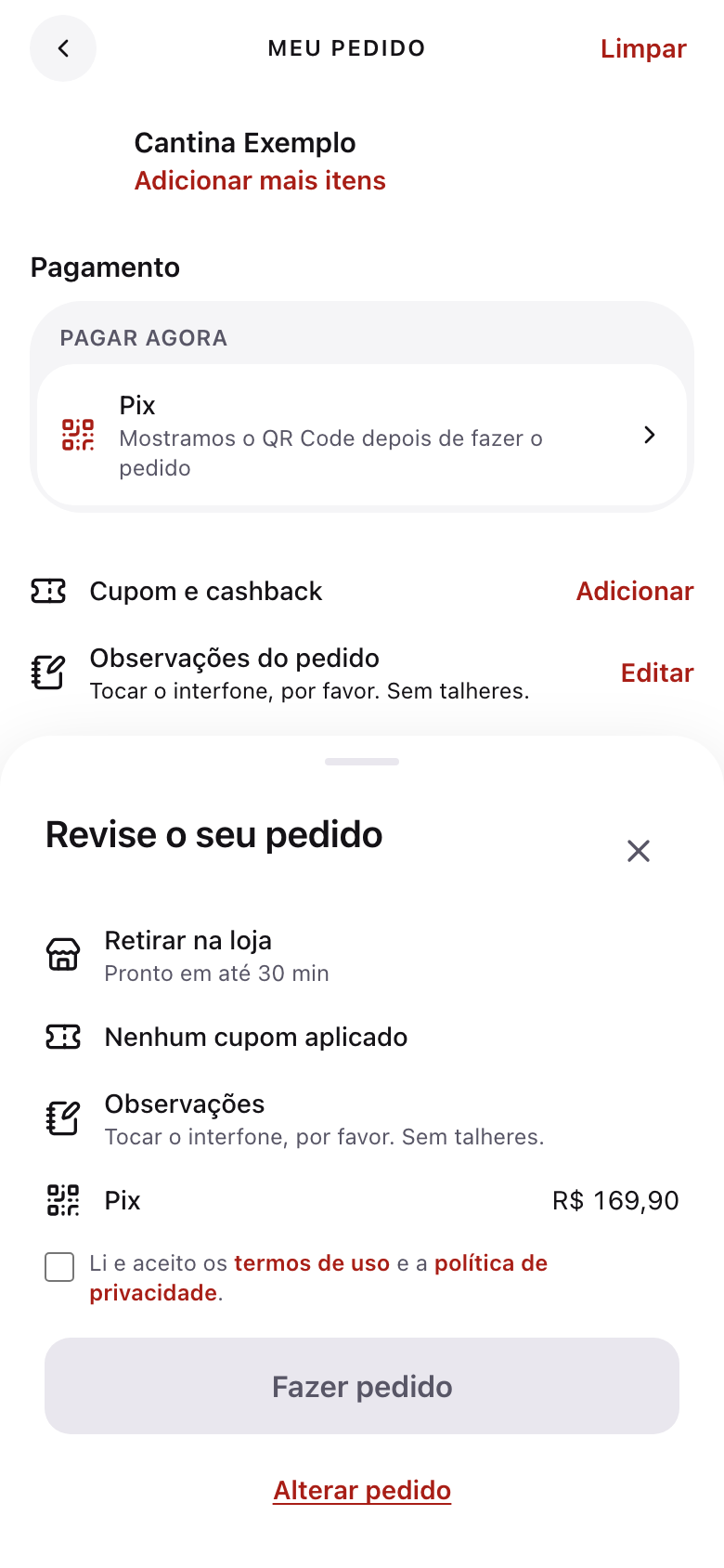 Tela "Revise o seu pedido" antes de fazer o pedido