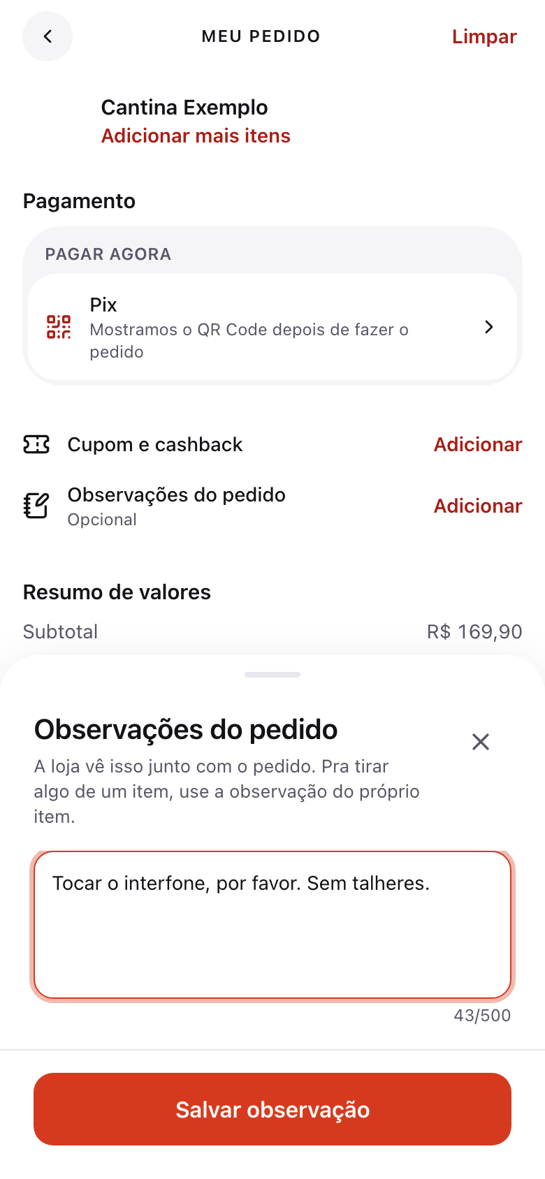 Janela de observações do pedido preenchida com "Tocar o interfone, por favor. Sem talheres."