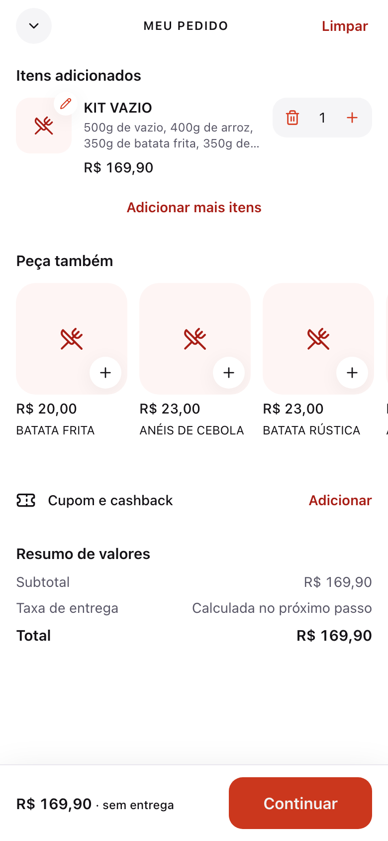 Carrinho com lápis de editar na foto do item e sugestões "Peça também"