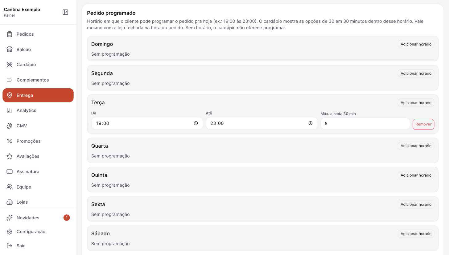 Tela Entrega > Pedido programado com as faixas de terça e o máximo de pedidos por faixa