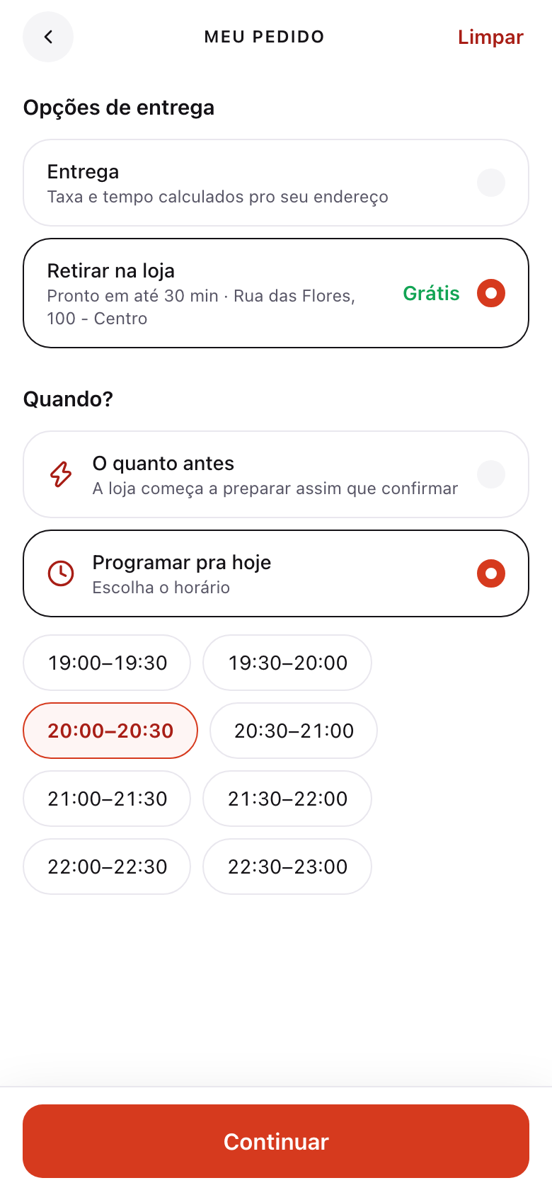 Etapa de entrega no celular com "Quando?": o quanto antes ou programar pra hoje, e as faixas de horário