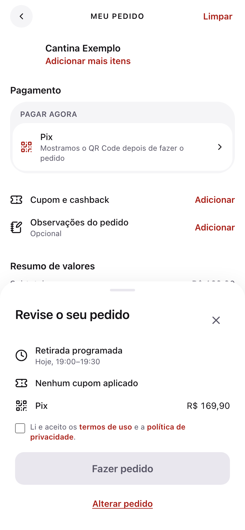 Revisão do pedido mostrando "Retirada programada — Hoje, 19:00–19:30"